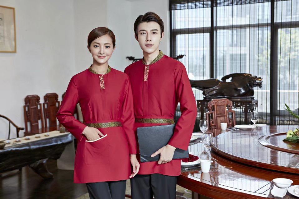 紅色金邊中式酒店工作服JD138